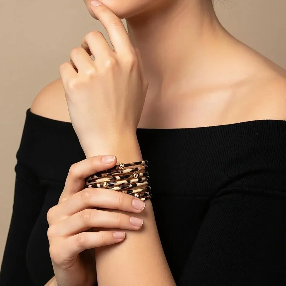 Women's Brown Leather Wrap Boho Leopard Multi Layer Crystal Beads Cuff Bracelet